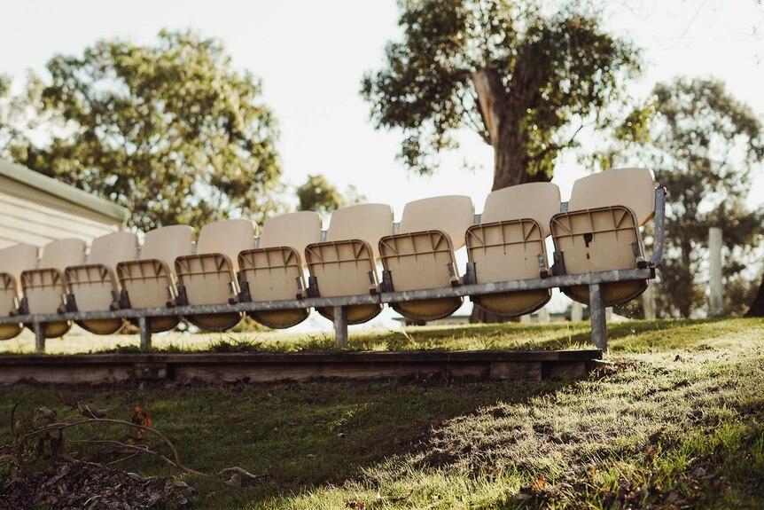 A row of empty plastic beige seats on grass at Mount Burr Football Club.