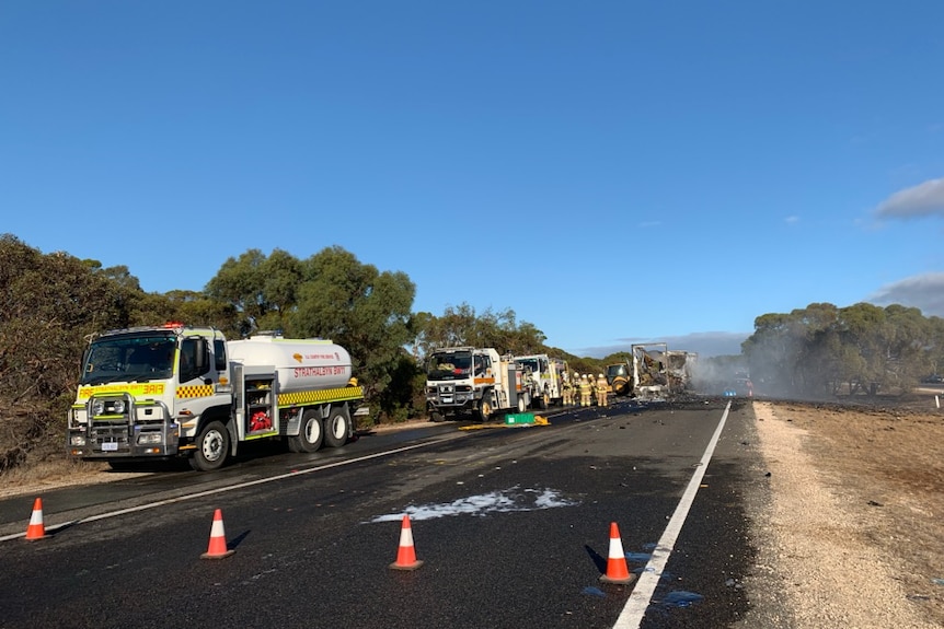 The wreckage of a truck which caught fire on the South Eastern Freeway.