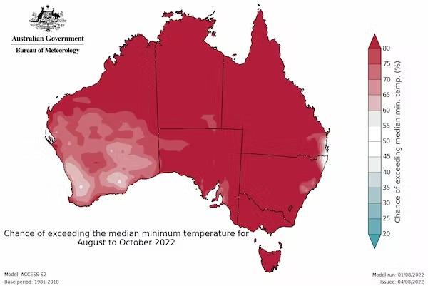 A map of Australia showing chance of exceeding the median minimum temperature for August to October.