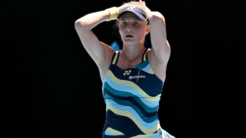 Dayana Yastremska celebrates winning her Australian Open quarterfinal.