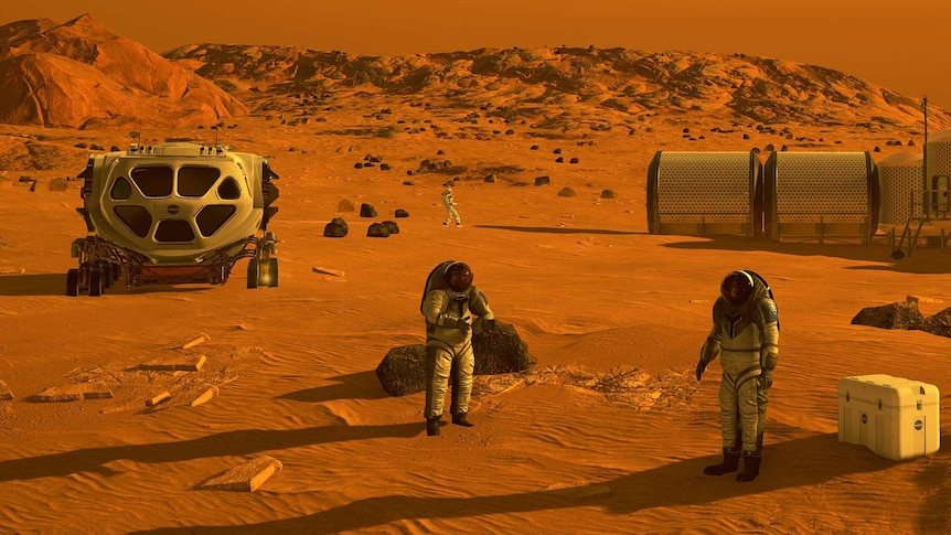 This artists concept depicts astronauts, human habitats and transportation on the harsh Mars landscape.