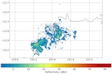 A scan of a weather radar showing some blue and green blobs.