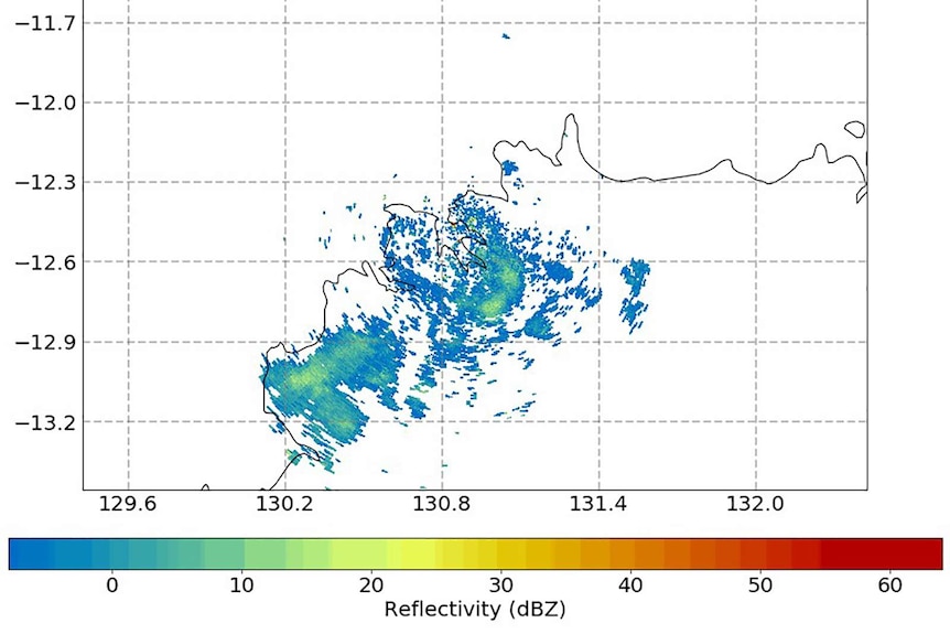 A scan of a weather radar showing some blue and green blobs.