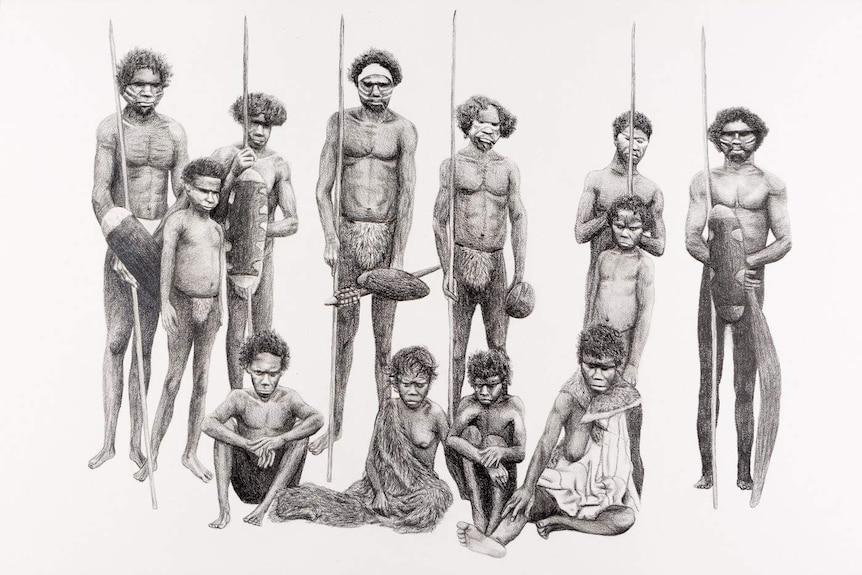 A hand-drawn picture of a group of Indigenous Australians standing with traditional shields and spears.