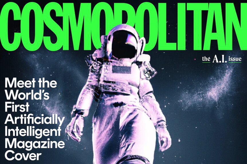 A magazine cover depicts a stylised female astronaut, with the title: Meet the world's first AI magazine cover