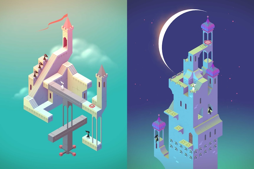 Two images from the Monument Valley video game featuring impossible castle-liked structures