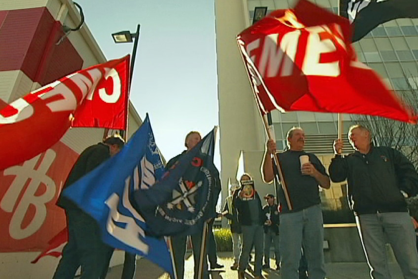 Members of the CFMEU protest in Hobart