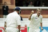 Glenn McGrath celebrates a wicket