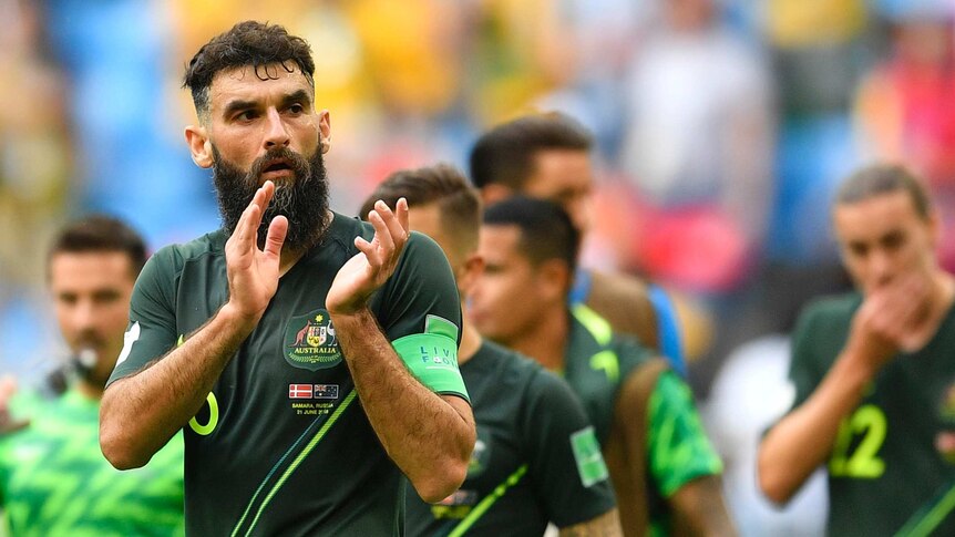 Mile Jedinak applauds the fans after draw with Denmark