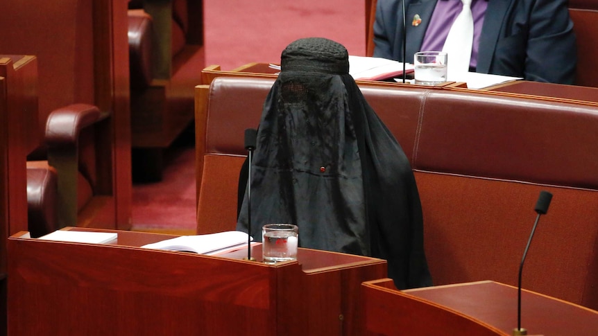 Pauline Hanson sits in the Senate wearing a black burka.