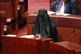 Pauline Hanson sits in the Senate wearing a black burka.