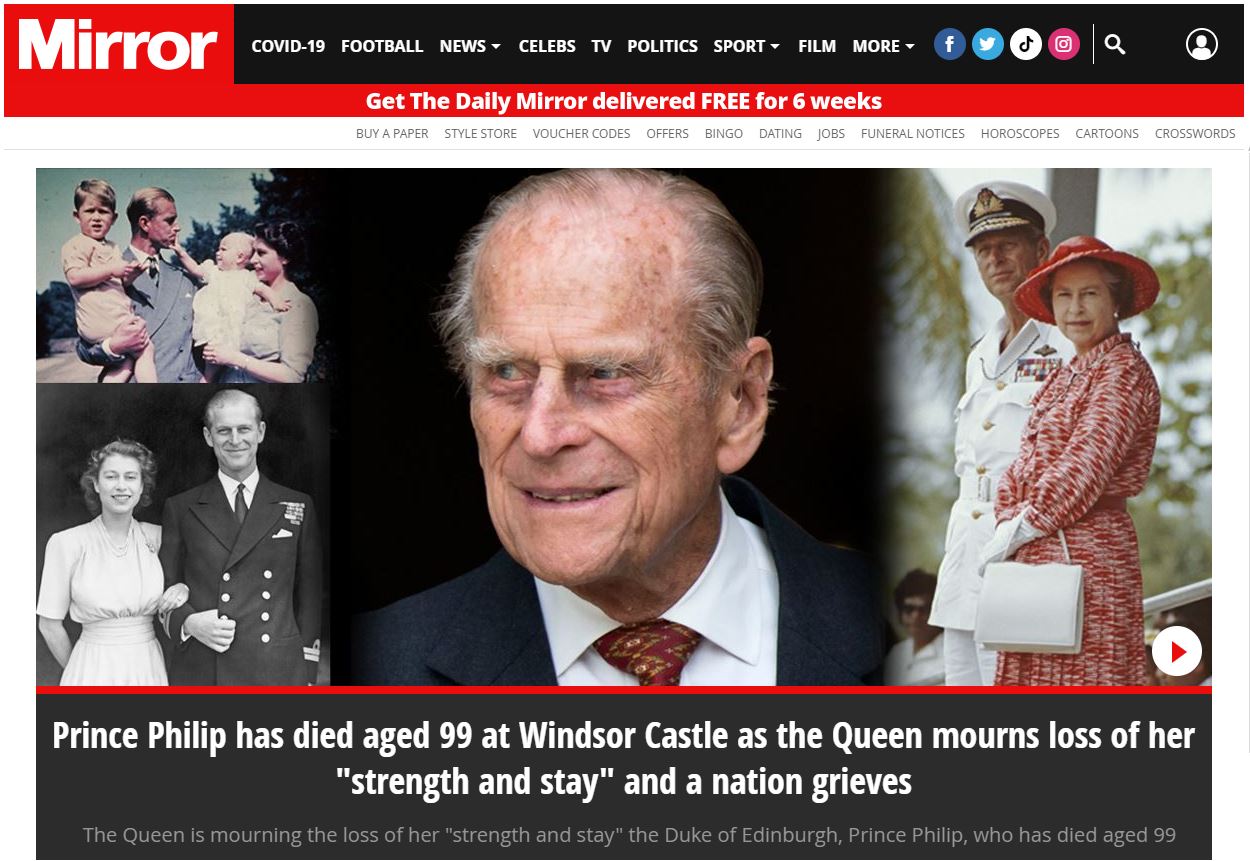 Daily Mirror website after the death of Prince Philip.