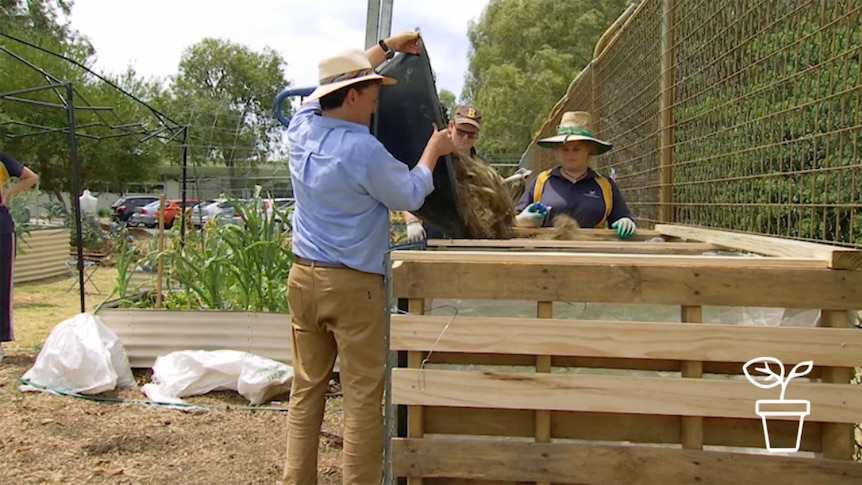 Man tips wheelbarrow into compost bay with school children watching on