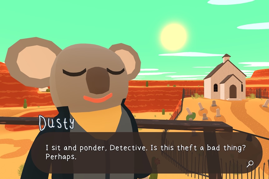 An animation of a koala in a tshirt and jacket, wild west town in the background, line of dialogue below the character