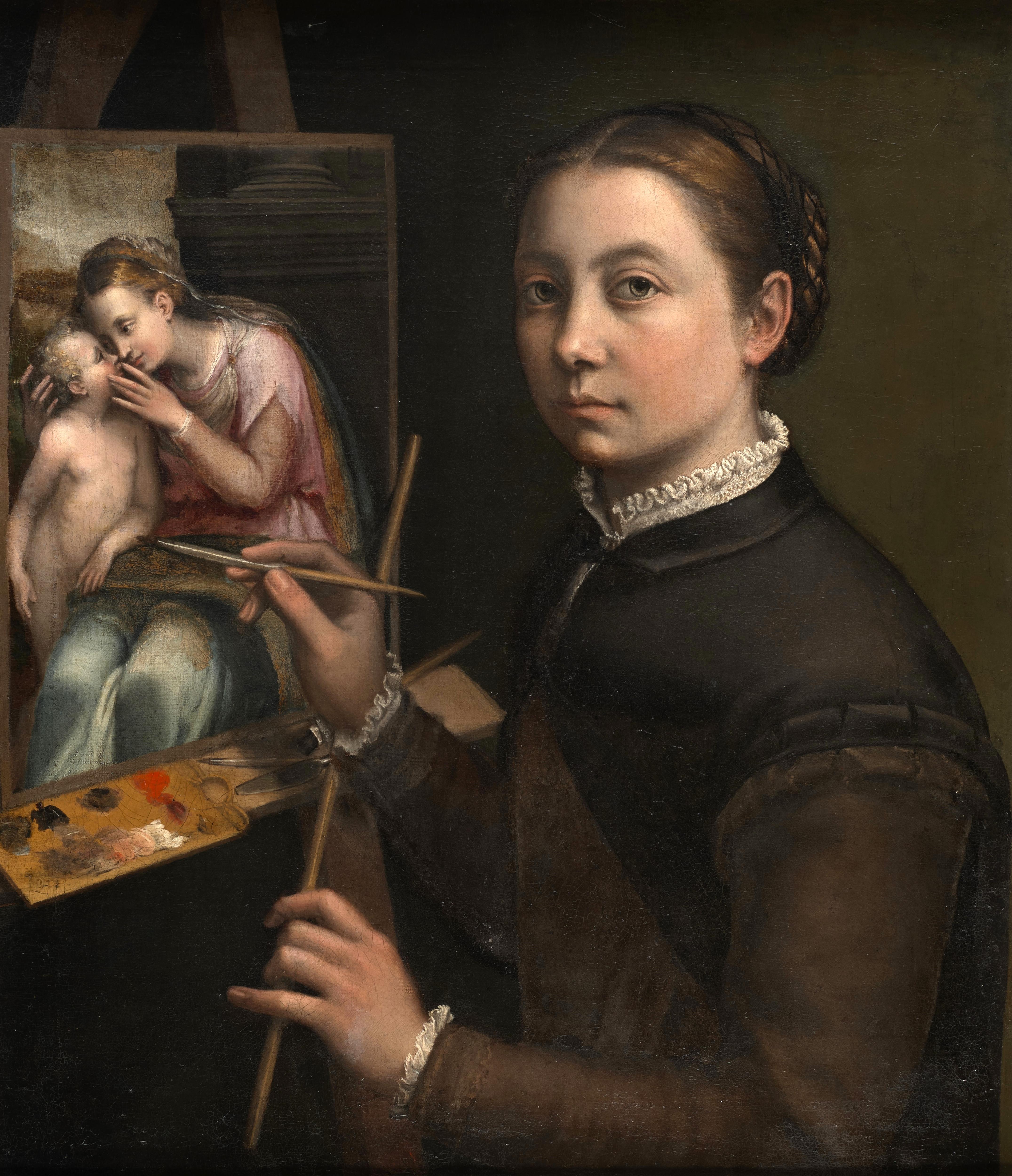 A historical self-portrait of a female artist at easel, painting a religious scene.