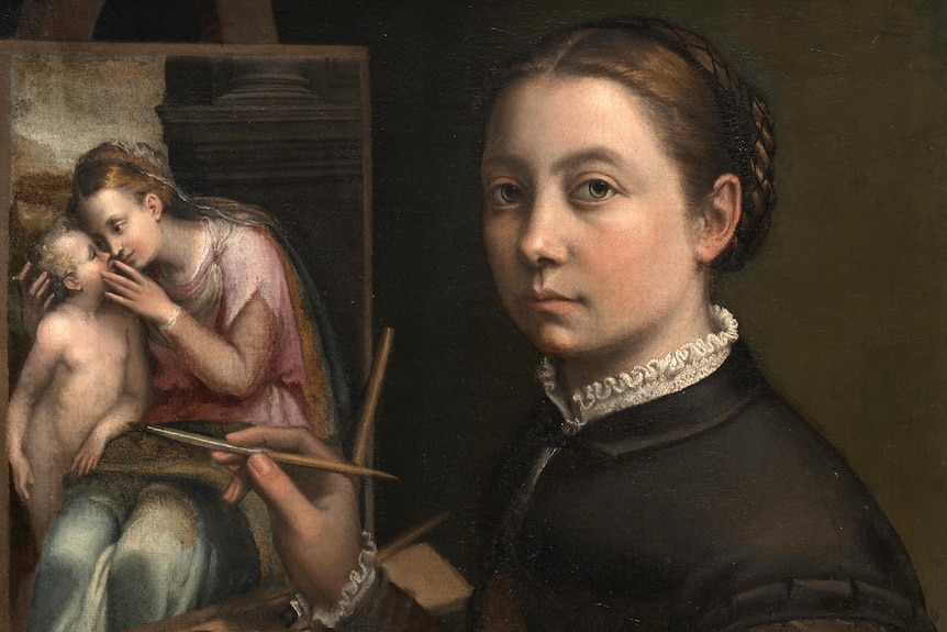 A historical self-portrait of a female artist at easel, painting a religious scene.