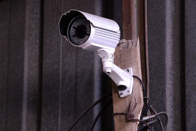 A security camera is seen in a Gaza concrete warehouse.