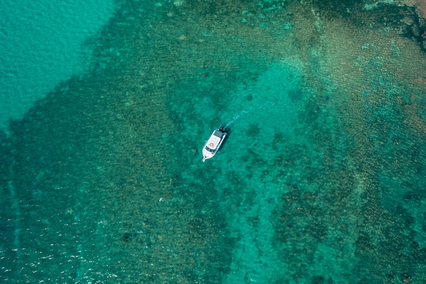 An aerial view of a white boat over a sandy patch in the middle of a coral outcrop.