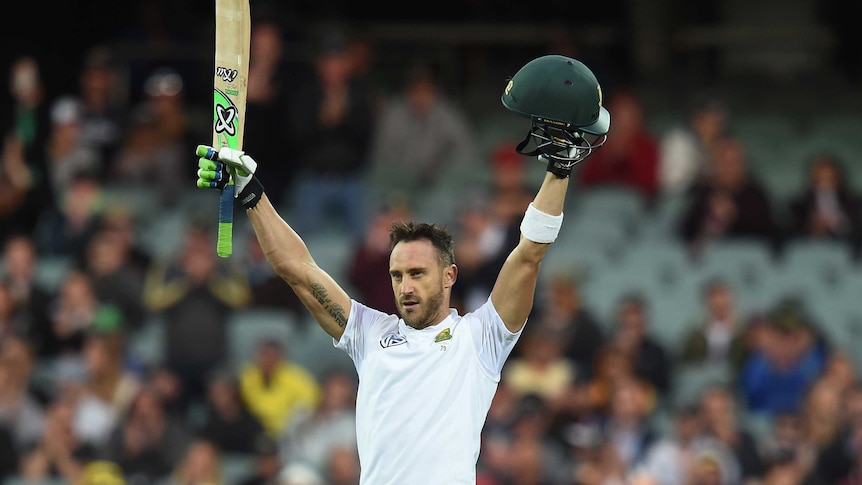 Faf du Plessis reacts after scoring a century on day 1 of the third test match in Adelaide, November 24, 2016.