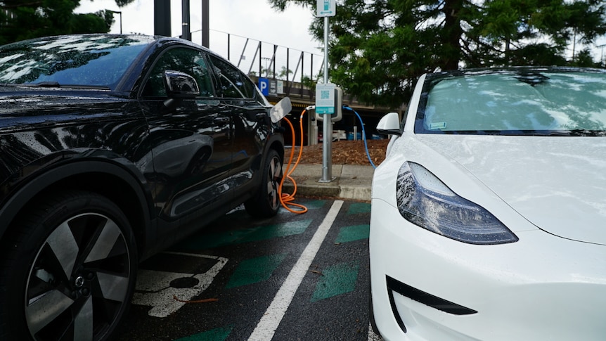 A white Tesla and black Volvo plugged into an electric vehicle charging station in Brisbane