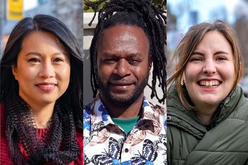 A composite image of four migrants looking at the camera. 