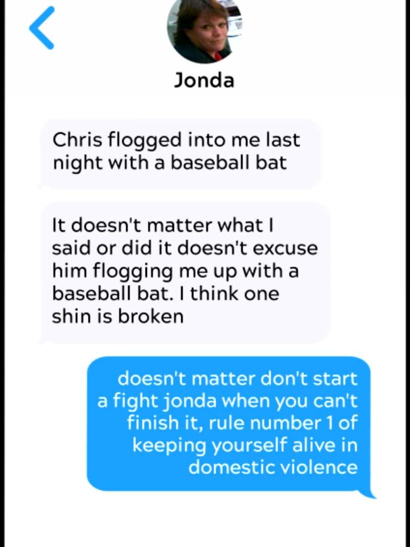 Graphic showing text messages between Jonda Stephen and her daughter outlining the violence against her