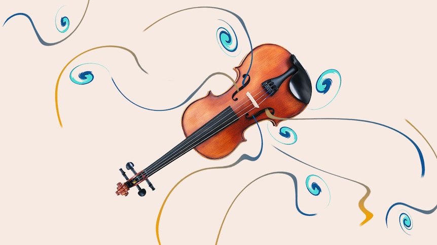 A violin on a beige background, with blue streamers suggesting sound and energy. 