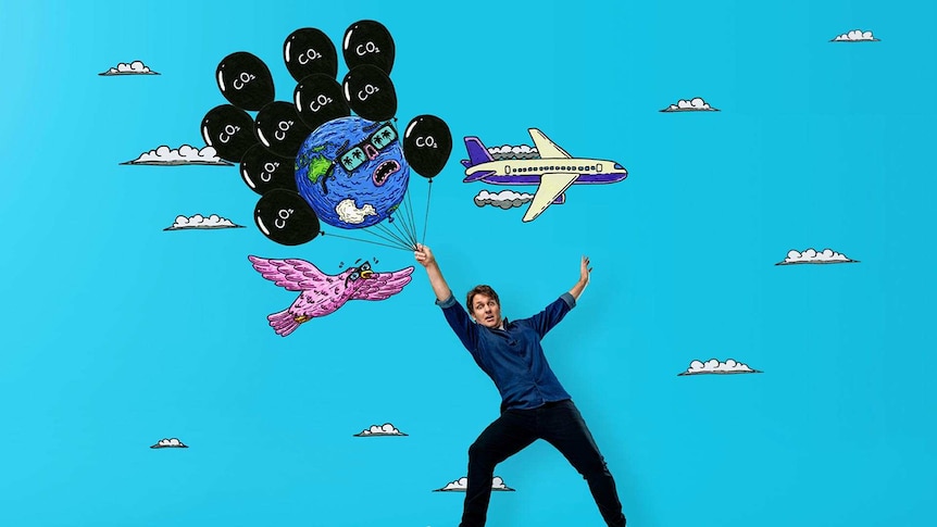 Animated image of Craig Reucassel holding balloons with CO2 written on them, a world globe with a sad face and an aeroplane