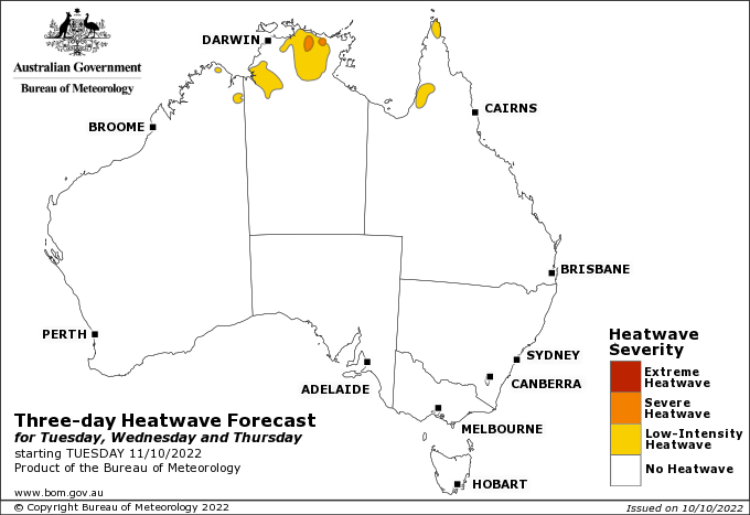 Map of Aus. Yellow and orange indicate low intesity to severe heatwave conditions present for parts of northern NT +QLD