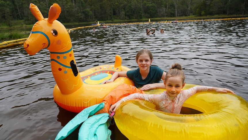Kids with their families keeping cool during a heatwave with a swim with pool toys at Enoggera Reservoir.