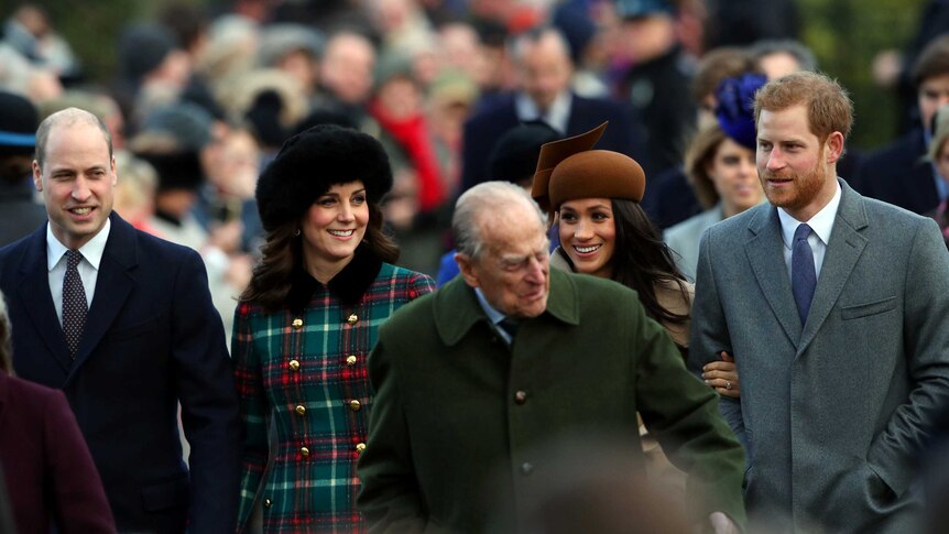 Prince Philip, Prince William and Kate, Prince Harry and Meghan Markle arrive for the Royal Family's Christmas Day service.