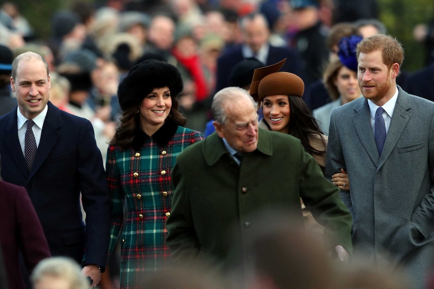 Prince Philip, Prince William and Kate, Prince Harry and Meghan Markle arrive for the Royal Family's Christmas Day service.