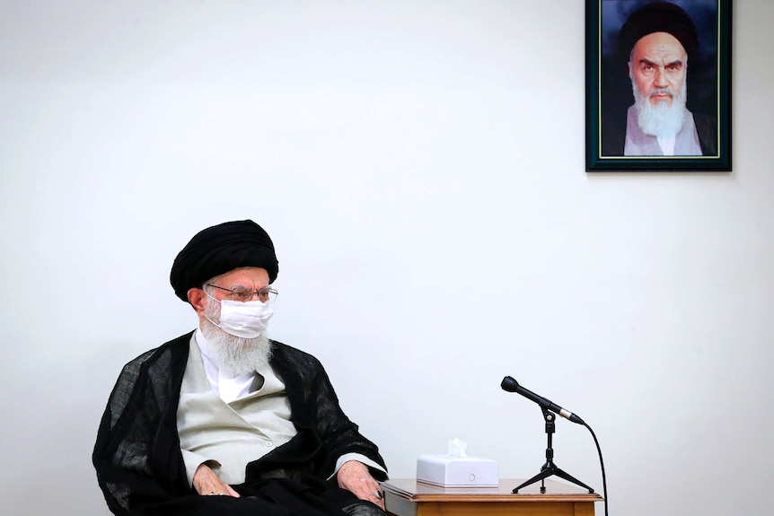 Supreme Leader Ayatollah Ali Khamenei wears a protective face mask to help prevent to spread of the coronavirus.