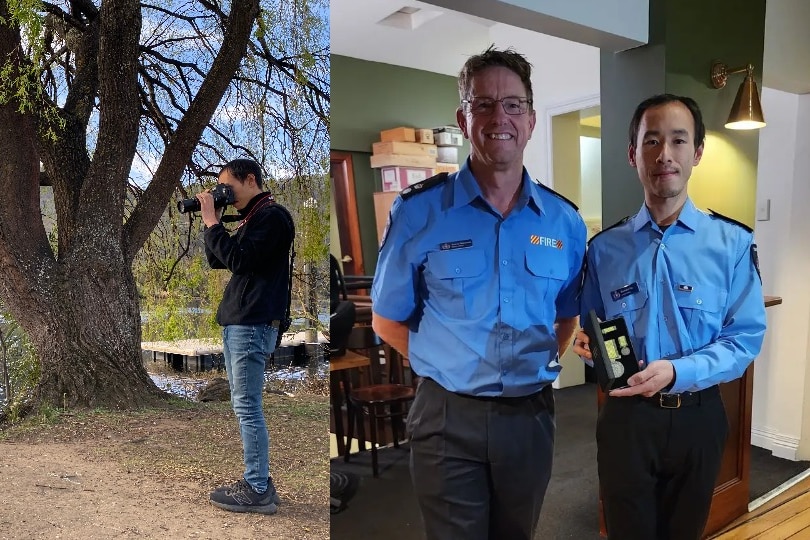 Composite of Richard taking a photo with a large camera and Richard receiving a medal.