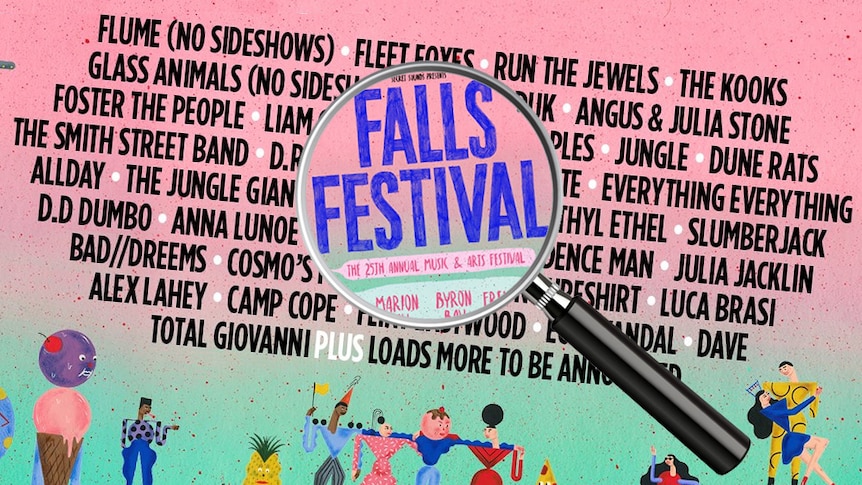 An image of a magnifying glass with the Falls Festival logo hovering a list of the artists on the 2018 line-up