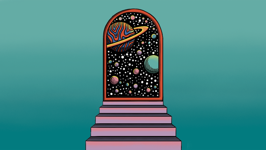 A cartoon staircase leading up to an archway that looks into outer space is on a green-blue background.