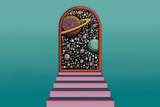 A cartoon staircase leading up to an archway that looks into outer space is on a green-blue background.