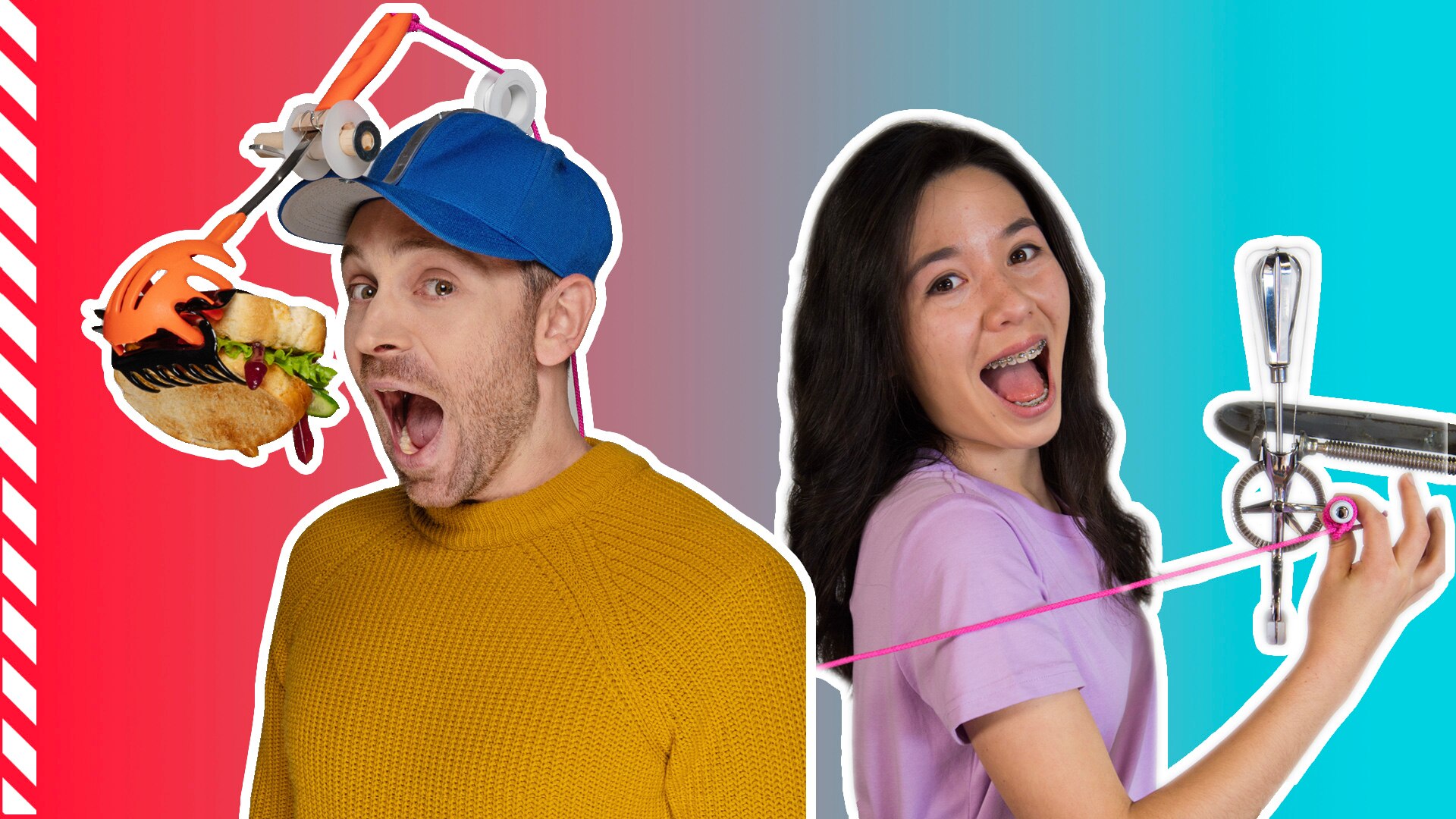 Graphic collage of smiling young man and woman, man has hat with contraption to hold and eat a sandwich attached to it