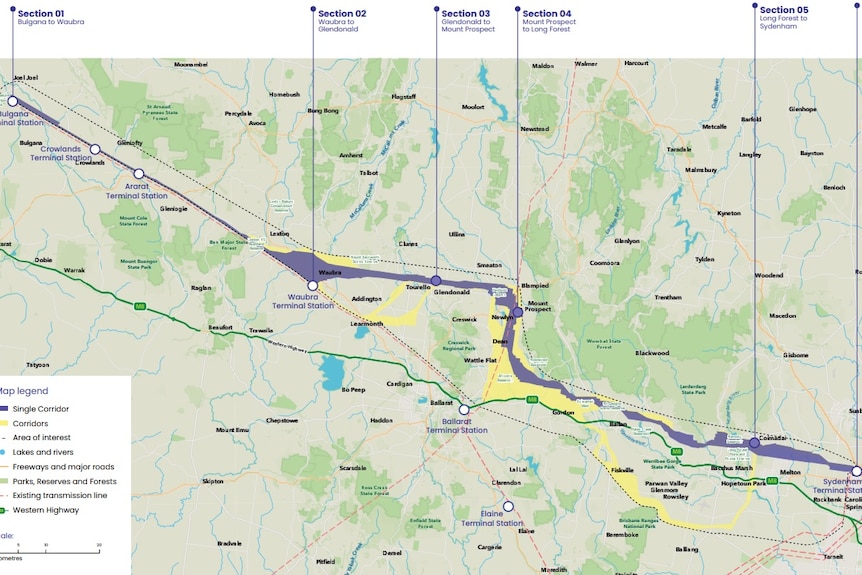 A map showing the proposed route of a power transmission corridor.