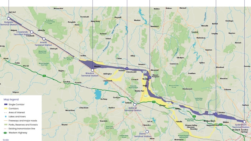 Ausnet's proposed corridor for the Western Victoria Transmission Network Project.