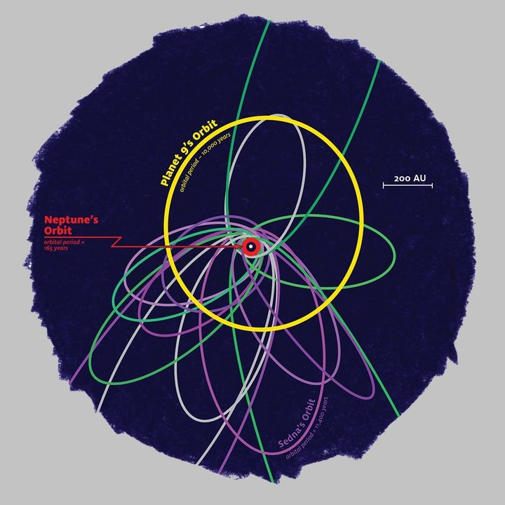 Coloured circles showing the path of space objects in the Solar System, with one labelled 'Planet 9's orbit'