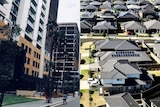 A composite image of apartment blocks next to a birds eye view of a suburb with homes and gardens