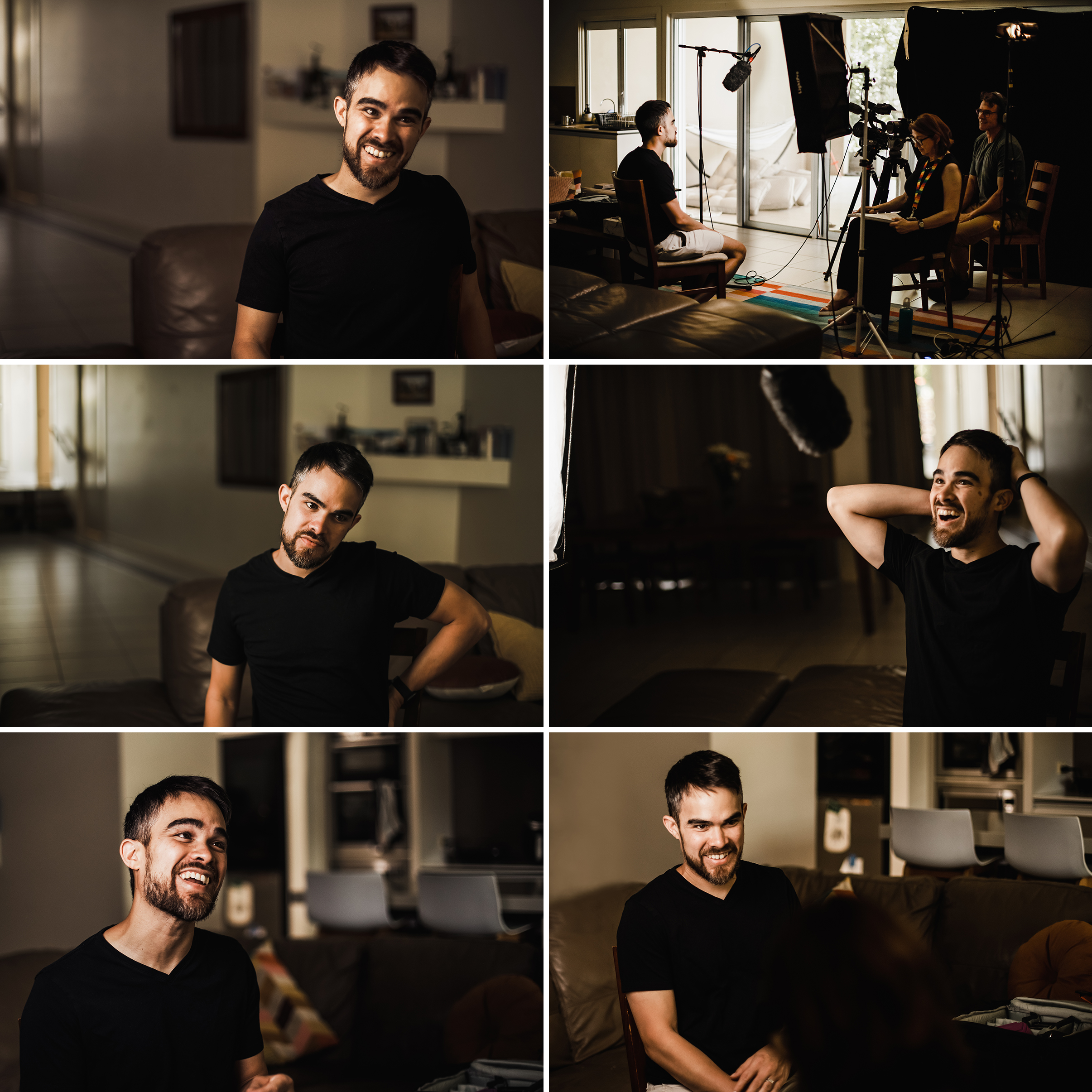 a collage of six photos showing a man sitting in a chair surrounded by lighting and microphone gear