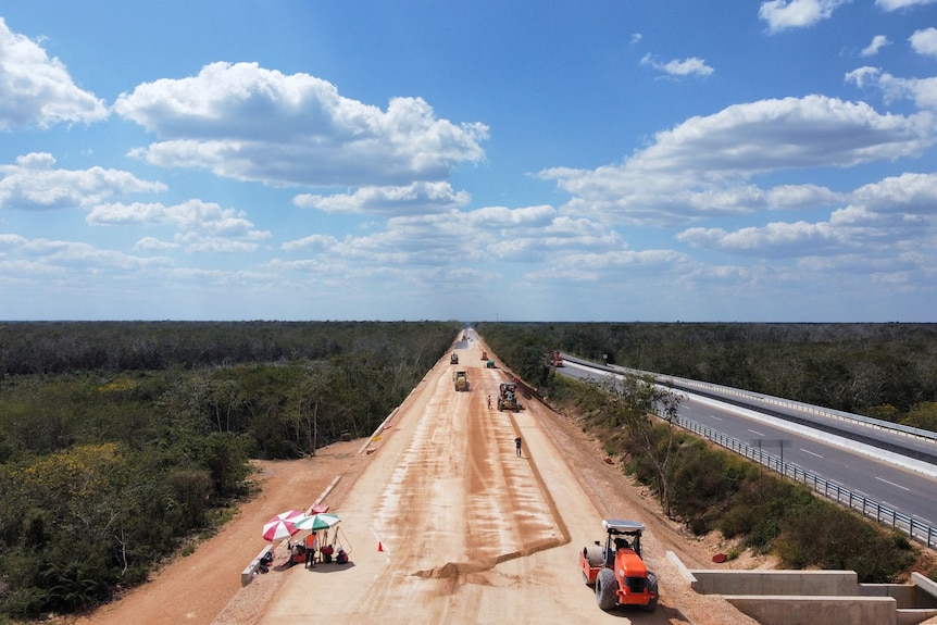 A dirt road cleared next to a highway stretches through dense jungle. 