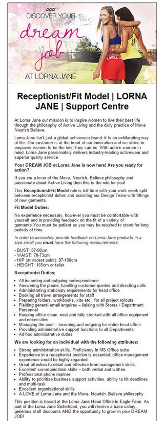 Lorna Jane seeks to clarify misconceptions over advertisement seeking size  small receptionist - ABC News