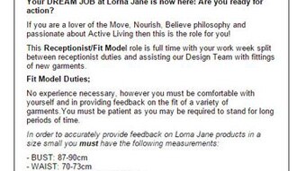 A job advertisement for a "Receptionist/Fit Model" at the Lorna Jane Support Centre.