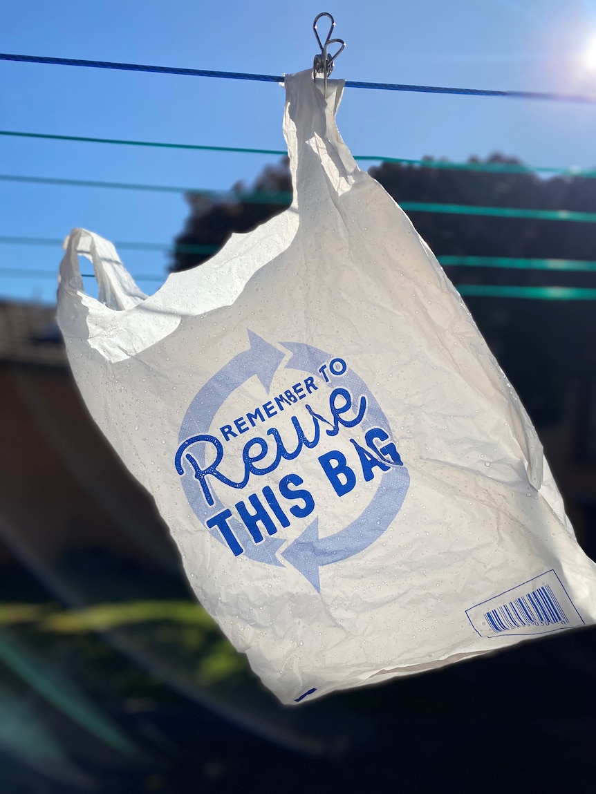 A plastic bag that's been washed and is hanging on a clothes line