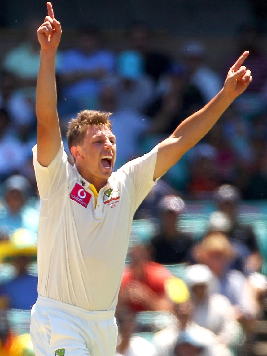 James Pattinson celebrates taking the wicket of VVS Laxman.