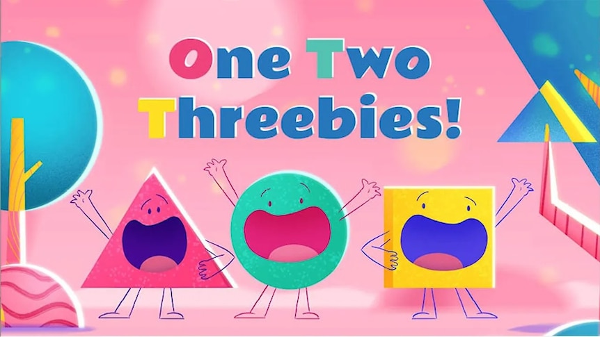 Boxy, Tri and Roh with the text 'One Two Threebies!'