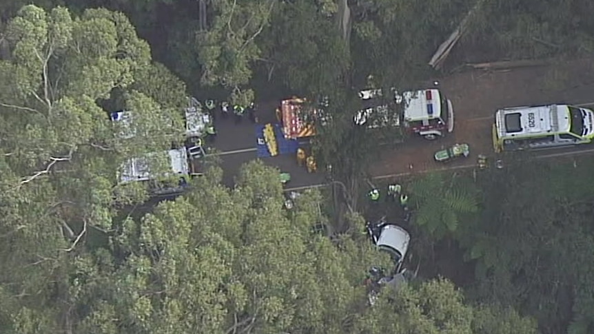 An aerial shot of a road surrounded by trees with numerous emergency services vehicles and a car off the side.